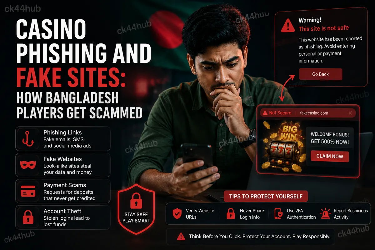 Phishing warning concept showing a fake casino login page on a phone