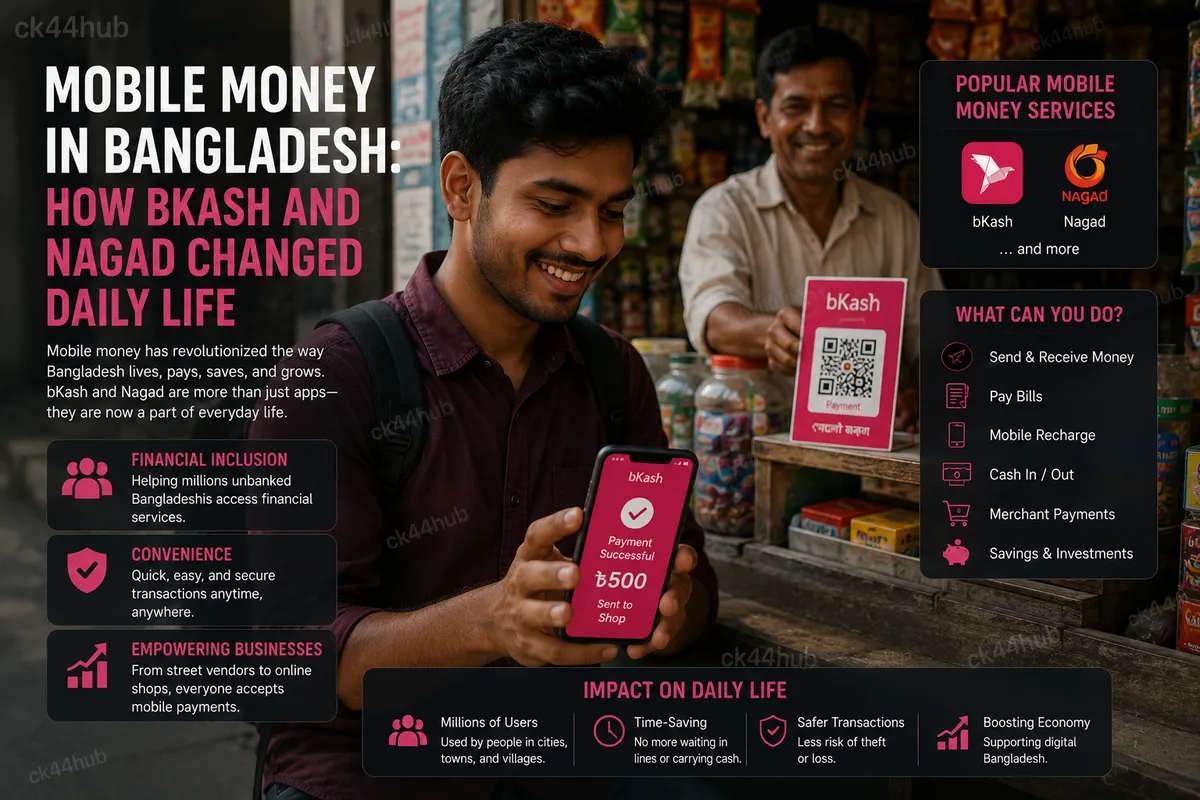 A small shop in Bangladesh accepting a bKash mobile money payment on a phone